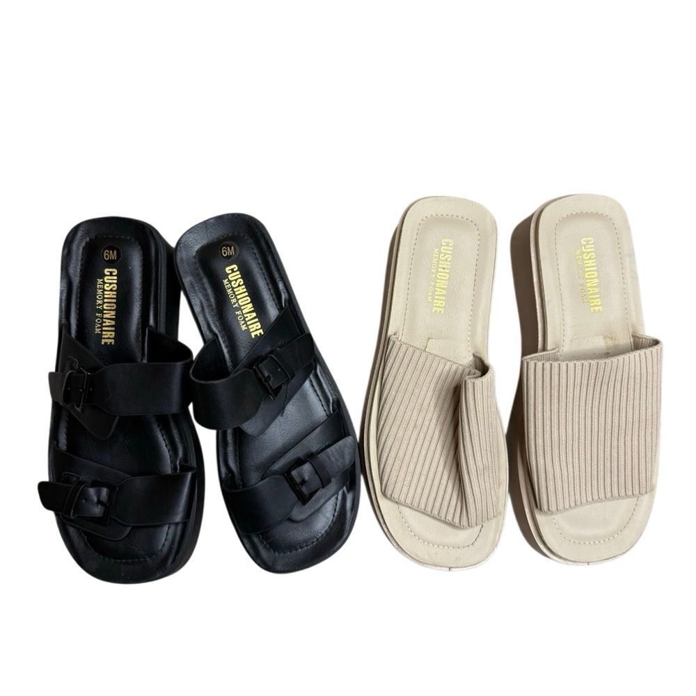 Set of 2! Cushionaire Black and Tan Slide Sandals Size 6
